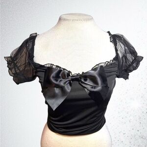 Goth Coquette Lolita Romantic Widow Mesh Bow Top NWT